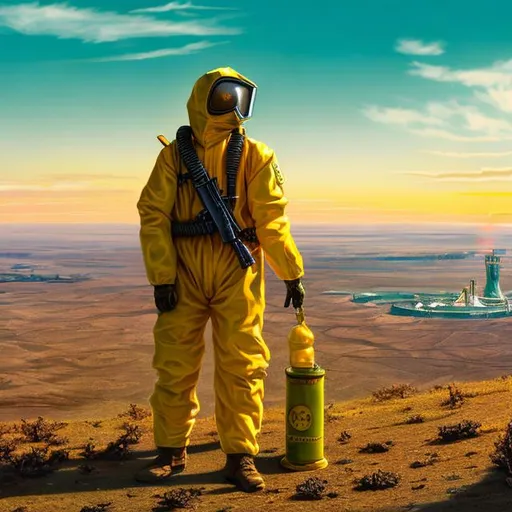 Prompt: Guy in a hazmat suit, Nuclear wasteland, collecting things, high res