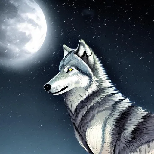 Prompt: epic Gray wolf looks above towards half-moon at full midnight darkness