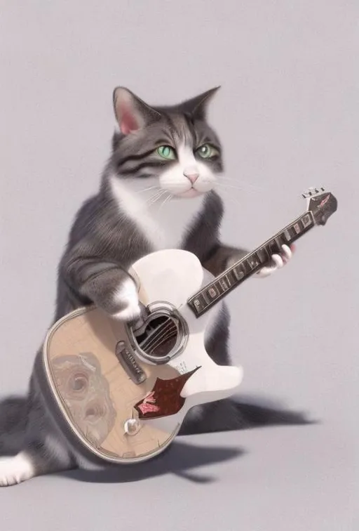 Prompt: 3d style cat playing guitar japanese