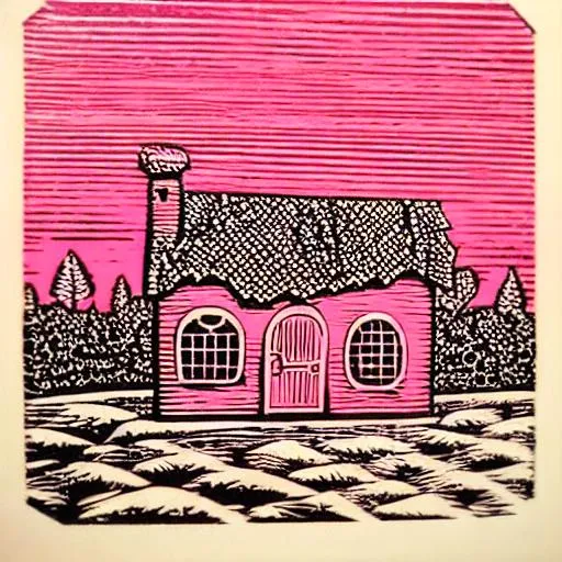 Prompt: Woodcut linocut pink and orange cottage fairytale  home sweet home