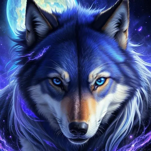 Prompt: insanely beautiful (wolf), ancient, celestial guardian, quadrupedal canine, growling, glaring, global illumination, psychedelic colors, illusion, finely detailed, stunning sapphire blue eyes, calm, detailed face, beautiful detailed eyes, beautiful defined detailed legs, beautiful detailed shading, stunning, hyper detailed face, hyper detailed eyes, masterpiece, epic anime scenery, professional oil painting, epic digital art, best quality, bulky, highly detailed body, (lightning halo), tilted halo, {body crackling with lightning}, billowing wild fur, dense billowing mane, lilac magic fur highlights, majestic wolf queen, magic jewels on forehead, presenting magic jewel, lightning blue eyes, flaming eyes, ice elements, (auroras) fill the sky, (ice storm), crackling lightning, (lightning halo), tilted halo, corona behind head, highly detailed pastel clouds, lightning charged atmosphere, full body focus, presenting magical jewel, beautifully detailed background, cinematic, Yuino Chiri, Anne stokes, Kentaro Miura, 64K, UHD, intricate detail, high quality, high detail, golden ratio, symmetric, masterpiece, intricate facial detail, high quality, detailed face, intricate quality, intricate eye detail, highly detailed, high resolution scan, intricate detailed, highly detailed face, very detailed, high resolution, medium close up, close up