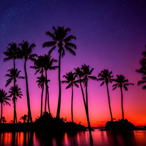 Prompt: A island at nighttime, palm trees