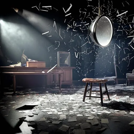 Prompt: bullet tearing through shattered screen of black and white tv, attached to noose, floating above overturned wooden stool, on stage with spotlight, papers are strewn all across the floor