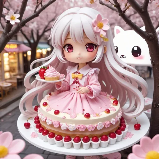 Prompt: kawaii pink dessert theme chibi girl in a cherry blossom dessert themed cute very detailed flowy lolita dress with long flowy silver white hair and galaxy yellow golden eyes with candy on it doing dynamic poses in an interesting birds eye view perspective with cherry petals falling and the girl near a cafe holding a slice of strawberry pocky stick cake