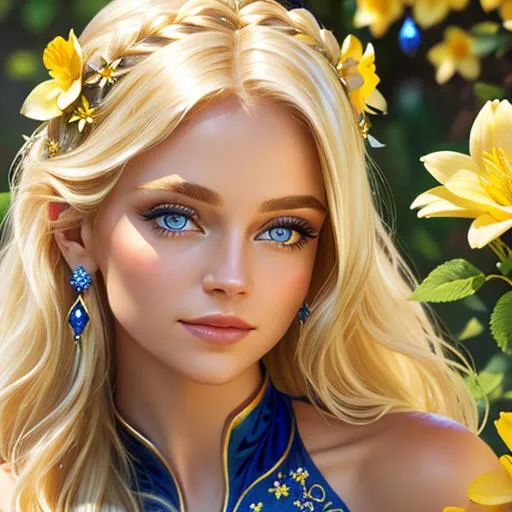 Prompt: Pixie dust princess, long blonde hair, sapphire eyes, yellow flowers in her hair,  facial closeup