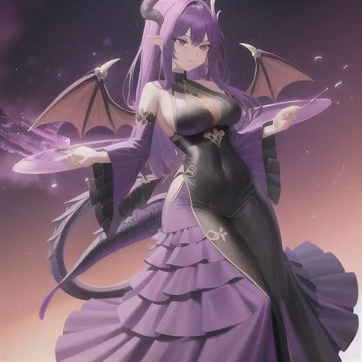 Prompt: Purple and black, dragon knight, wings, large dragon tail, long dress, scales, dragon scale dress
