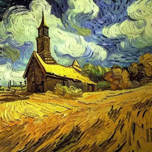 Prompt: oil painting by Vincent VanGogh old church building on a hill with a dirt road meandering up to it, pleasant, sunny, deep dramatic brushstrokes, textured brushstrokes, paint knife textures, Award-winning cgi, blender, rendered in maya 