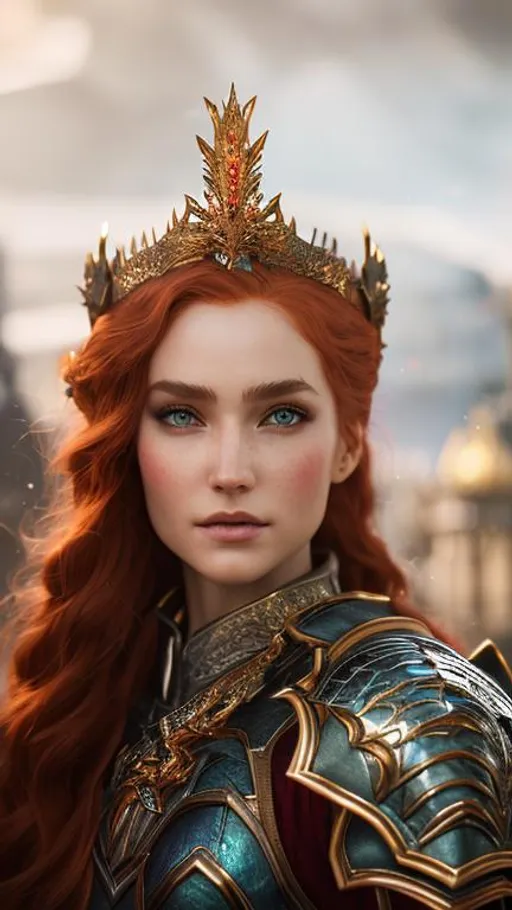 Prompt: Create a photograph of a beautiful fictional female human that is a dragon knight, with beautiful red dragon  armor, red hair, sword in hand and crown in head, extremely, detailed environment, detailed background, intricate, detailed skin, natural colors , professionally color graded, photorealism, 8k, moody lighting