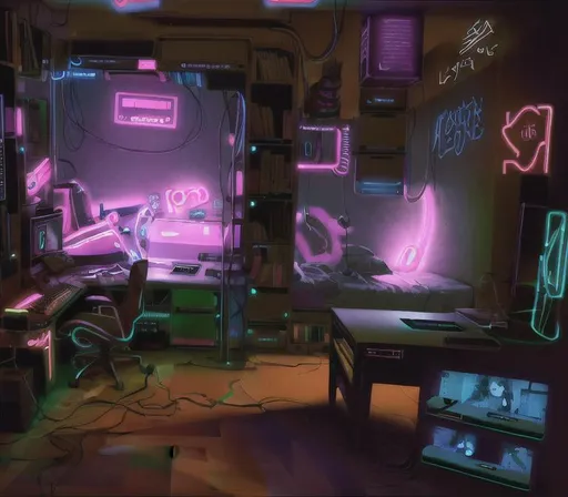 Prompt: neon bedroom with a large desk to the right with multiple monitors. In the back left sits a large bed surrounding by bookshelves