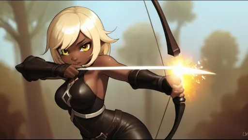 Prompt: anime illustration of Evangelyne from Wakfu, fair skin, black skin-tight leather outfit, brown thigh-high boots, firing magical energy arrow from bow, short bright blonde hair, intense and determined gaze, detailed eyes, sleek design, professional, cool tones, fantasy, detailed hair, powerful stance, highres, ultra-detailed, anime, magical, leather outfit, intense gaze, bright blonde hair