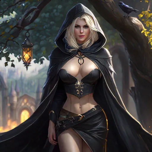 Prompt: Game art, fantasy, Beautiful busty seducer, goth, (crop top:1.5), barely clothed, blond hair, pale skin, hooded cloak, full body, 4k