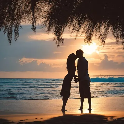 Prompt: A romantic couple kissing in sunset on a beach

