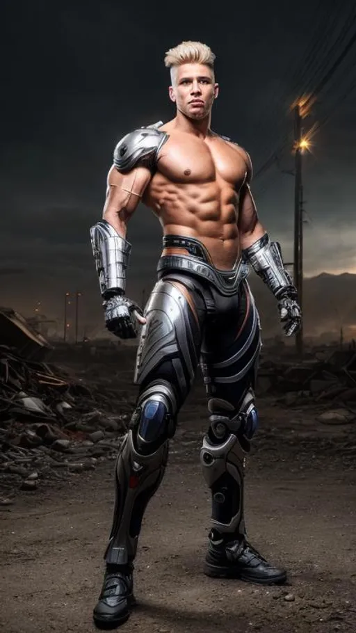 Prompt: Male Cyborg, UHD, 8k,blonde hair,faided haircut, muscular body, very real, Very detailed, panned out, 32k, his face is visible,post apocalyptic background, full body, big bum, big legs, he has a metal leg