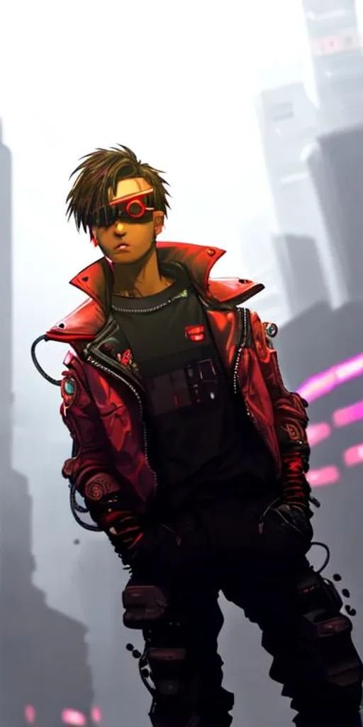 Prompt: Put a cyberpunk hitech eye visor on him, keep his jacket red and his hands in his pockets, add lights to the background, night, short dark brown hair, light brown skin