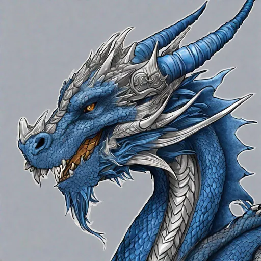 Prompt: Concept design of a dragon. Dragon head portrait. Coloring in the dragon is predominantly deep blue with silver streaks and details present.
