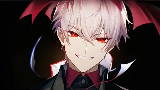 Prompt: Damien (male, short black hair, red eyes) grinning