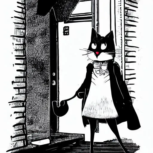 Prompt:  Detailed Black and white comic anthropomorphic cat wearing long coat in dark alley