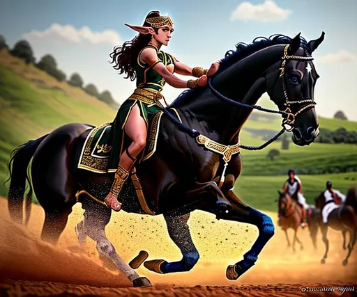 Prompt: (Hyperrealistic highly detailed photography of Morya the martial artist female gladiator in traditional battleground with black horse)
Beautiful, elven, dirty, dusty, athletic, agile, fast, strong-willed, determined eyes, focused, huge scars, very long black wavy hair, toned abs and biceps , shiny and bold black eyes, warrior clothes, shackles, blood, sweat, fighting stance. Fantasy. Antiquity.  Ready to fight. Karate. Kung fu. Martial art.
Public. gladiators. Starry nights.