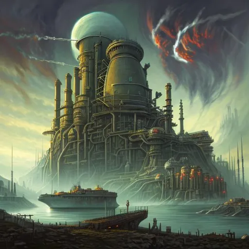 Prompt:  fantasy art style, painting, pipes, tubes, nuclear reactor, power plants, nuclear fusion, nuclear power, nuclear weapons, nuclear bombs, bombs, torpedoes, misiles, concrete, green neon lights, pollution, smog, fog, evil, misiles launching, warship, naval ship, boat