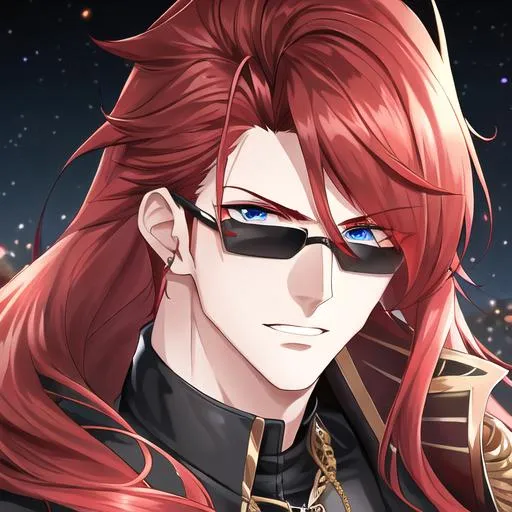 Prompt: Zerif 1male (Red side-swept hair falling between the eyes, sharp and sassy blue eyes), highly detailed face, 8K, Insane detail, best quality, UHD, handsome, flirty, muscular, Highly detailed, insane detail, high quality. black sunglasses resting on his head, gold jewelry, movie star, hollywood, wearing a black leather jacket, tight grey pants