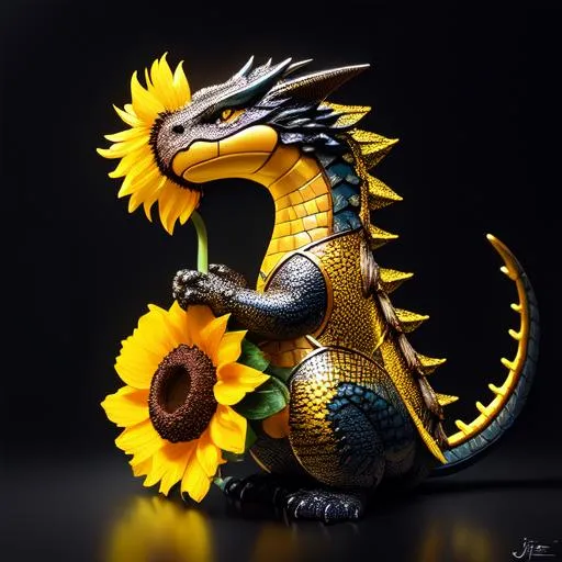 Prompt: Extremely Ultrarealistic Photorealistic cute black and yellow dragon holding a sunflower, by James Jean and Android Jones: Jeff Koons: Erin Hanson: Joe Fenton: Dan Mumford: professional photography, natural lighting, volumetric lighting maximalist photoillustration 8k resolution concept art intricately detailed, complex, elegant, expansive, fantastical: