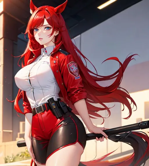 Prompt: Haley as a horse girl with bright red hair pulled back, as a police officer, UHD, highly detailed