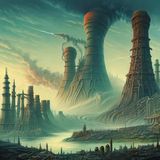 Prompt:  fantasy art style, painting, pipes, monument, nuclear reactor, cube, power plants, nuclear fusion, nuclear power, nuclear weapons, bombs, torpedoes, misiles, concrete, green neon lights, pollution, smog, fog, evil, guns, war