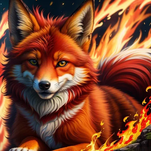 Prompt: (8k, 3D, UHD, highly detailed, hyper detailed, masterpiece, detailed oil painting) portrait of [fire elemental] ((fox)), (canine quadruped), adolescent, silky crimson-red fur, {yellow-green eyes}, 8k eyes, youthful, lively, lithe, bounding, black fur highlights, sharp focus, cinematic, vivid colors, brilliant colors, long silky hair on crest, slender, umber red mane, beautiful charming mischievous grin, wispy brown ears, wispy ruby-red mane flowers on fur, snow-capped trees, (rows of pink blossoming sakura trees), snow on fur, forest, silky bushy tail, billowing mane, professional, unreal engine, dynamic, intricate detail, intricately detailed fur, highly detailed face, best quality, highly detailed mouth, 4k, 16k, 64k, HDR, unreal 5, artstation, deviant art, instagram, trending,