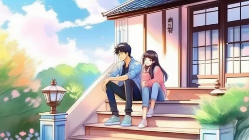 Prompt: Soft pastel Watercolorsoft anime style with pastel colors.outside of a american house. One girl and one men. There is two person. An Asian men sitting on the stair of the house he looks kinda sad but happy at the same time, he has black hair, handsome,pretty young men. there is A brown haired young girl. She under of the stairs and up. She is speaking about something bitter sweet. She is lookijg at men. She has long brown hair. It's spring time outside. Faces are blured. There is a one girl. There is one men