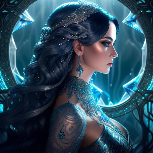 Prompt: 3/4 view, Insanely detailed photograph of an elaborate and enigmatic "ethereal water crystal woman", realistic, cinematic, intricate and hyperdetailed, pewter filigree,  fantasy art, album cover art, waves, 3D lighting, high contrast, beautiful woman, long dark blue hair, midnight, human like features, waves, wet, cerulean