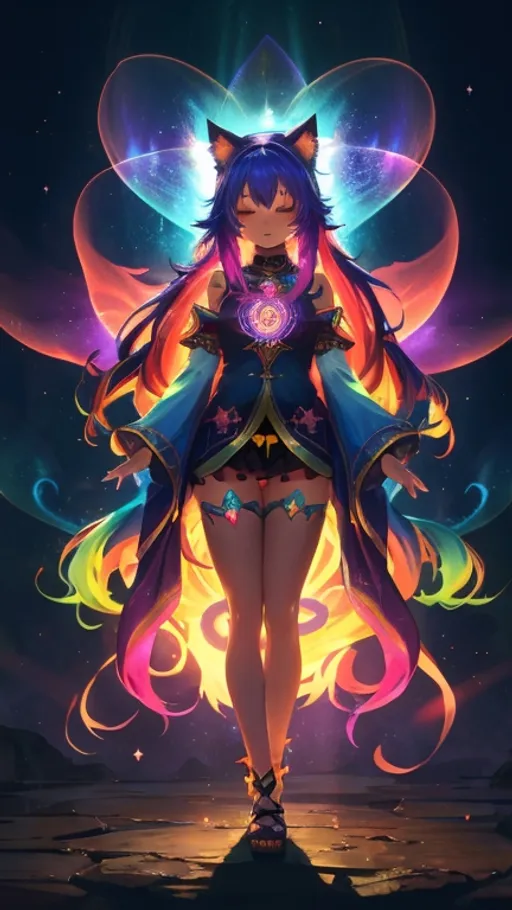 Prompt: Full body illustration of a mystical cat girl, vibrant and colorful, high quality, anime, fantasy, detailed cat ears, flowing feline tail, intricate mystical tattoos, magical aura, ethereal lighting, enchanting atmosphere