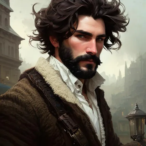 Prompt: Splash art portrait of ruggedly handsome, androgynous, dark brown haired man with short hair, 30 years old, herding sheep with a tricolor border collie, victorian light clothes, elegant, highly detailed, intricate, smooth, sharp focus, artstation, digital painting, concept art, art by greg rutkowski, alphonse mucha and John William Waterhouse, light, romantic, happy, soft, gentle, golden, warm, summer