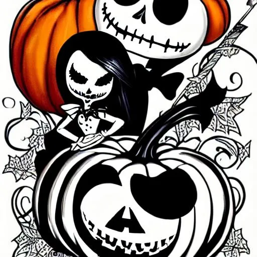 Prompt: sally and pumpkin king pin up hand drawn