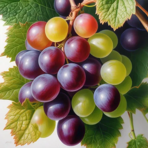 Prompt: hyperrealistic grapes, done in colored pencil on white paper