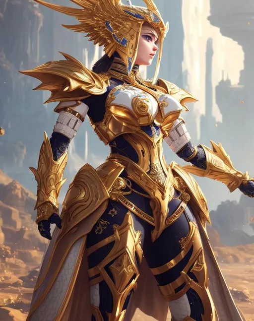 Prompt: show face, an intricate girl exoskeleton, white mate & gold armor, pale skins, juicy, futuristic mecha armor, cleopatra, juicy, tron, 3d, Splash art, front, epic Instagram, artstation, hyperdetailed intricately detailed, intricately detailed full helmet, unreal engine, fantastical, intricate detail, splash screen, complementary colors, Sci-fi concept art, 8k, heavy strokes, splash arts, full height, full body,