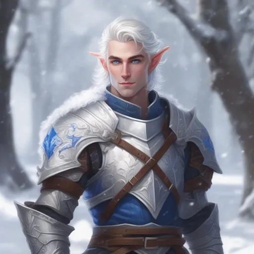 Prompt: DND a male elf with medium fluffy white hair and blue eyes wearing plate armor in a snowy park