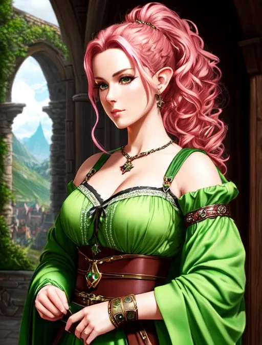 Prompt: oil painting, fantasy,  UHD, hd , 8k, , hyper realism, Very detailed, zoomed out view of character, panned out view, full character visible,  elf female artist, she has curly pink hair in a ponytail, she has green eyes, she is wearing medieval attire