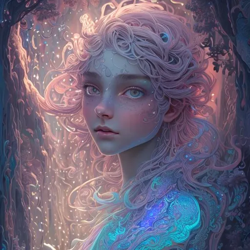 Prompt: Heavenly fantasy celestial bioluminescent prismatic opaline crystal lightning, Illustration, Beautiful, Detailed, Intricate, Painting, Vibrant, Design, Landscape, Cinematic, Photorealistic, 4k, 8k, World, Artstation, Magical, SunsetCloseup face portrait of a {person}, smooth soft skin, big  eyes, beautiful intricate colored hair, symmetrical, anime wide eyes, concept art, digital painting, looking into camera 