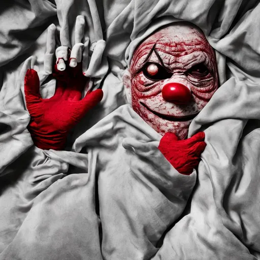 Prompt: A scary red eyed clown under the bed with gloved hands