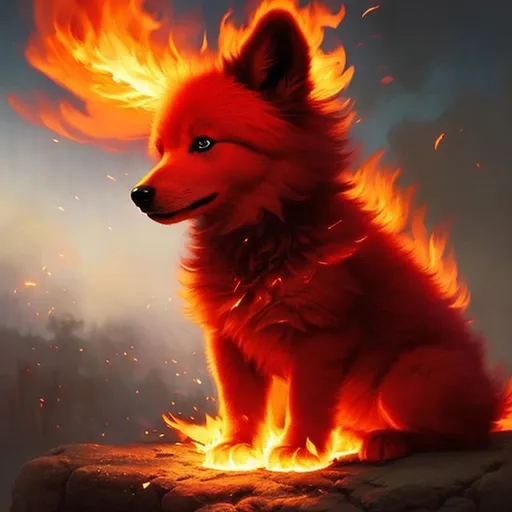 Prompt: Cute, red, fluffy, fire puppy, possessing the element of fire and making circles of fire
 move around in the air in a magical way. Perfect features, extremely detailed, realistic. Krenz Cushart + loish +gaston bussiere +craig mullins, j. c. leyendecker +Artgerm.