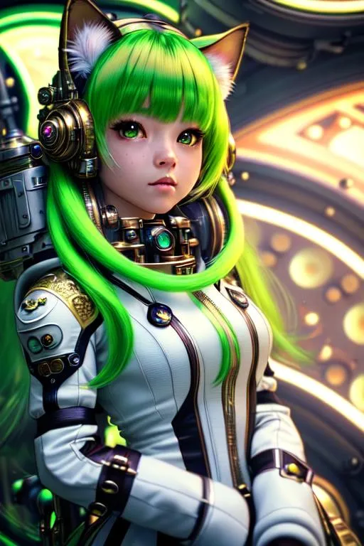 Prompt: ((best quality)), ((masterpiece)), ((realistic)), hd octane render, masterpiece face, intricate hyperdetailed best quality cute girl , cinematic shot, upper body, centered, 80mm lens, perfect angle ,dynamic pose, hyperdetailed steampunk spaceship interior, long hair, fluffy , neon green ombre hair , space suit wear , cat ear headshet, blue lens eyeglasses
, hyperdetailed, hyperdetailed face, gloss lips, (detailed beautiful blue eyes, detailed mouth and lip, detailed face, expressive), cinematic lighting, volumetric lighting, studio lighting, neon light, global illumination, reflection, neon reflection, soft shadow,depth of field:0. 4, blur, bloom:0. 2), contrast, vivid color, (Detailed, ultra detailed, finest detail, intricate),