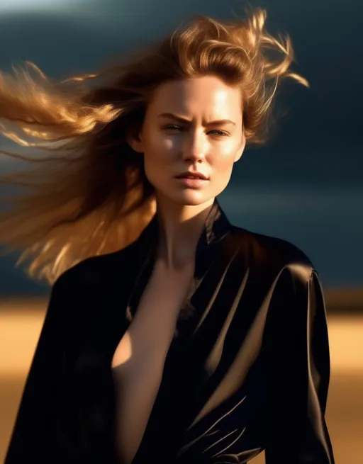 Prompt: A strikingly beautiful young model poses in the golden hour light wearing stylish black clothing, turning to look intensely into the camera. Wind blows her hair back for natural movement. Allure, fierce confidence, high fashion editorial. 