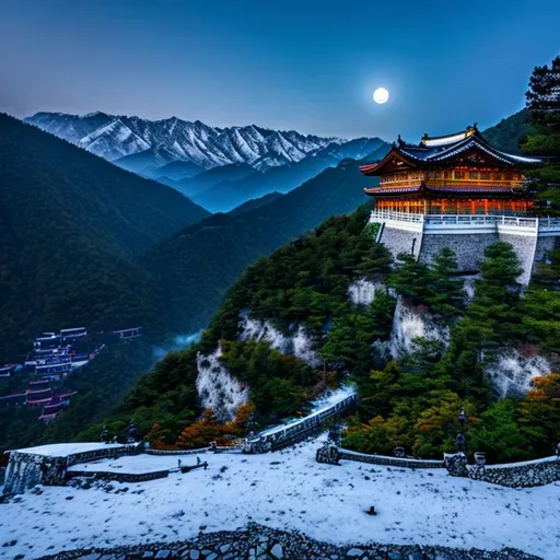Prompt: Koreans palace, horror, at midnight ,  full moon shining bright , mountain , dark forest , fire, fall of snow's.