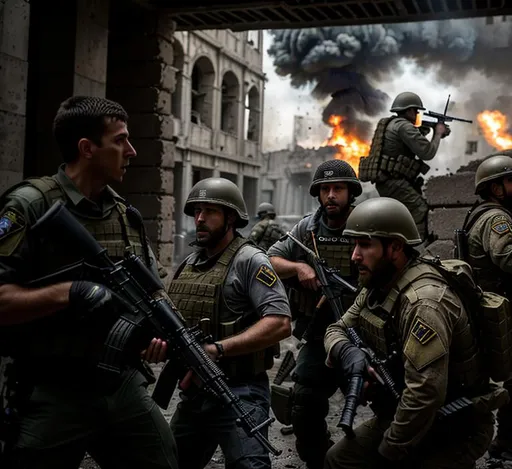 Prompt: Create an ultra-realistic scene depicting a group of PMC operatives forming a defensive perimeter amid the ruins of a city square. The operatives should be armed and battle-worn, their expressions reflecting a mix of determination and exhaustion. Show waves of Kosher PMC attackers closing in from various directions, with dust and debris filling the air as gunfire and explosions echo through the environment. The backdrop should capture the devastation of the cityscape, with crumbling buildings and billowing smoke. The lighting should emphasize the contrast between shadows and intense muzzle flashes, conveying the chaos and urgency of the firefight. The scene should evoke a sense of desperation and resilience as the operatives fight to hold their ground against overwhelming odds. Add a helicopter in the background. Ultra-realistic,8K, Unreal 5 Lighting system, realism. Picture must take inspiration from Call Of Duty: Modern Warfare 2019 and Escape from Tarkov. They are in battle. Guns must look like real life weapons such as M4A1, FN SCAR H, MP7, H&K MP5