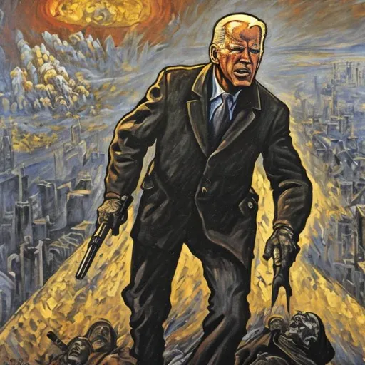 Prompt: Detailed German expressionist style oil painting of Joe Biden at war with Russia 