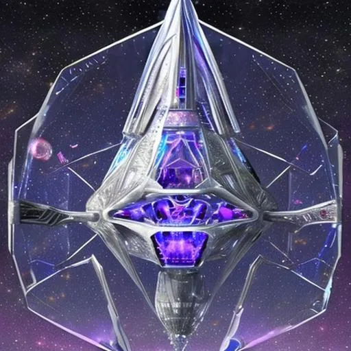 Prompt: Bio-Space ship of metallic flesh, crystal form, squid ship, symmetrical , in the style of startrek