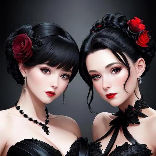 Prompt: 2 beautiful women portrait wearing a black evening gown,  black hair, dark eyes, ruby jewelry,elaborate updo hairstyle adorned with flowers, facial closeup