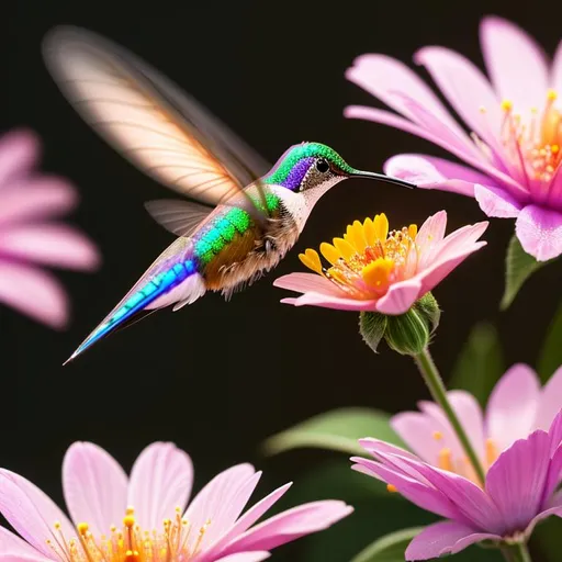 Prompt: HD,3D, Epic, Stunning, Vivid, Majestic, Extreme closeup of {Humming Bird} Feeding in {Honey Suckle Flower}, Hazy, digital painting, uber detailed, 64k, high quality, sharp focus, studio photo, intricate details, highly detailed, Perfect viewpoint, highly detailed, wide-angle lens, hyper realistic, with dramatic night sky, polarizing filter, natural lighting, vivid colors, everything in sharp focus, HDR, UHD, --s98500