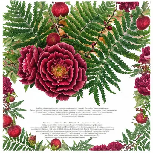 Prompt: ketubah page border square botanical art pomegranate new zealand fern romanian peony coloured pencil pomegranate