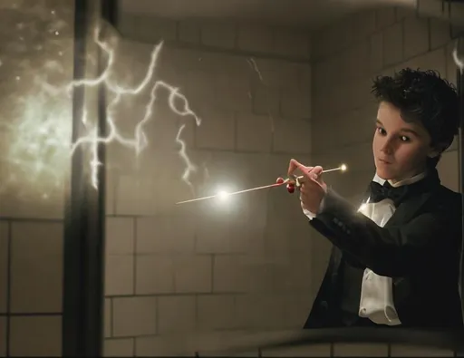 Prompt: 13 year old boy in a tuxedo casting a crazy magic spell from the outside of a bathroom stall with his magic wand, but the spell he cast happens on the inside of the bathroom stall because he cast the spell on the person inside who is warring a T shirt 
